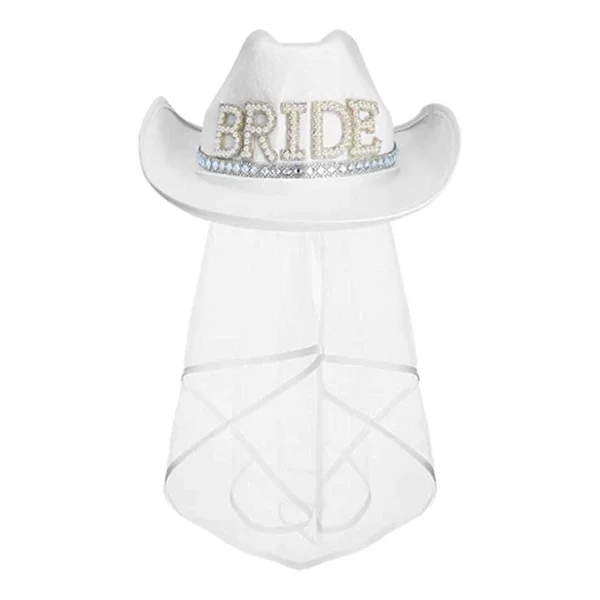 Women's Cowboy Hat with White Veil, Wide Brim Hat for Girls, Pearl Embroidered "BRIDE" Hats for Engagement, Outdoor Vacation, Decorative