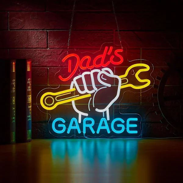 Pappas Garage Neonskylt för Väggdekor Garage LED Bilskyltar för Bilverkstad Mancave Verkstadsdekor för Fars Dag-present