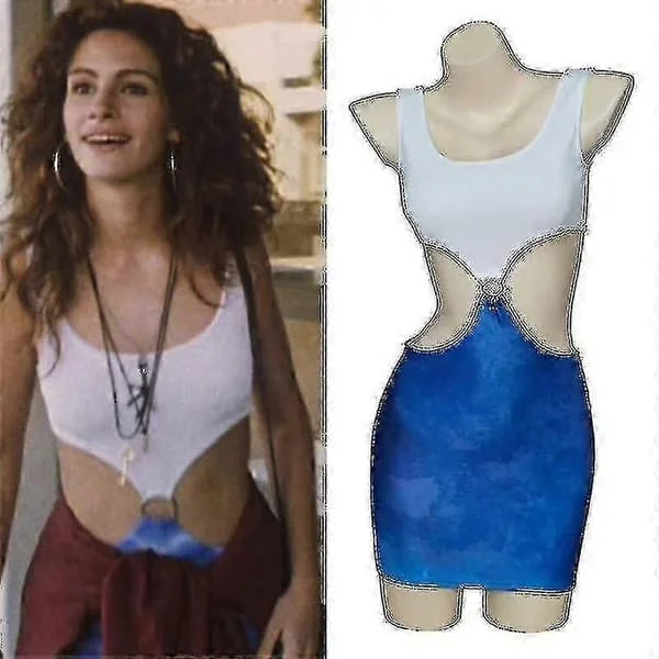 2023 Film Pretty Woman Julia Roberts Cosplay Vivian Ward Sexig Blå Bar Midja Batikmönstrad Utskuren Klänning