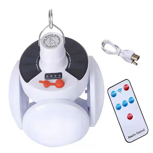 Solcellsladdad campinglampa med USB-laddningsbart batteri och krok, bärbar nödorkanhurrikan campinglampa för utomhustält ladugård hem inomhus ström O