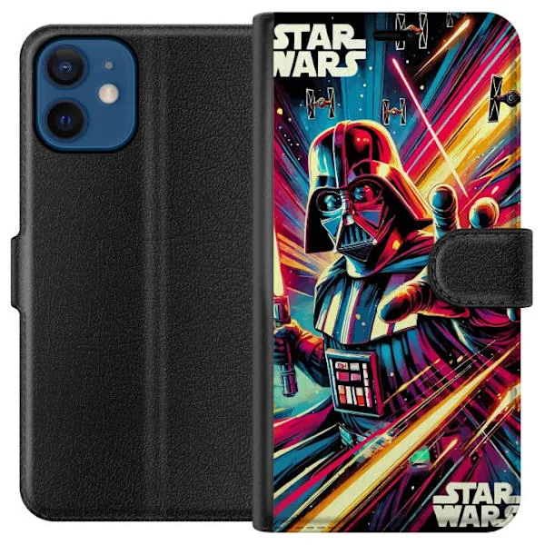Kompatibelt Lommeboketui til Apple iPhone 12 mini Fargerikt rommotiv med mørk hjelmfigur og neon-inspirert actiondesign