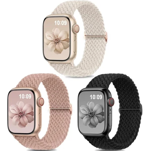 3-pack Flätad Solo Loop Kompatibel med Apple Watch Armband 40mm 38mm 41mm för Kvinnor och Män, Justerbart Elastiskt Sportarmband i Nylon AA