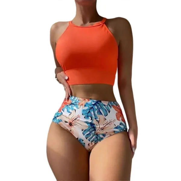 Högmidjad Bikini Halterneck-Toppar Dam Sexig Djup Rygg Höghalsad Baddräkt Tvådelad Baddräkt Baddräkter Orange XL