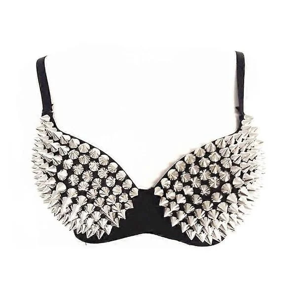Steampunk Bra for Women with Rivets, Party, Club, Rave, Sports Bra, Top - WELLNGS Silver Silver Silver 70B