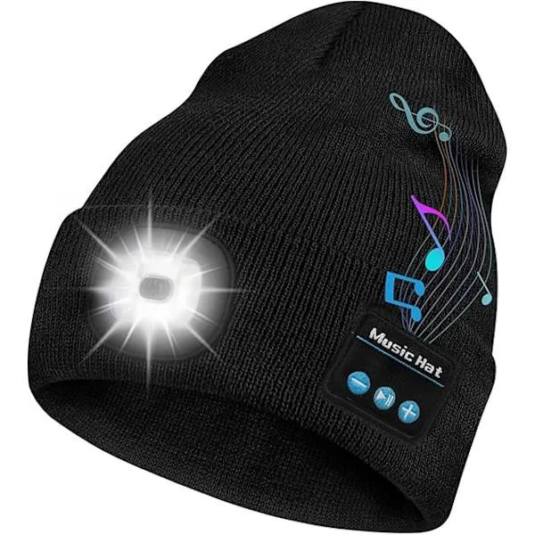 Bluetooth Hue med Lys, Pandelampehue med Hovedtelefoner og Indbygget Højttaler Mikrofon, Gaver til Mænd Kvinder Teenager, sort