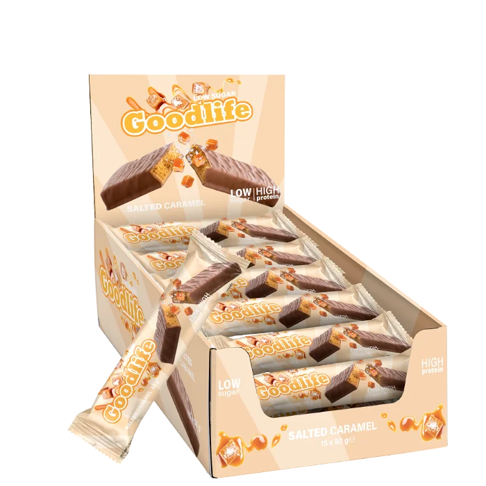 Proteinbars Goodlife 15 x Low Sugar Protein Bar 50 g, Salted Caramel - Bodyman.dk