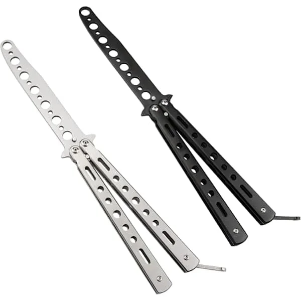 Fjärilskniv - 2-pack Fjärilskniv Träningsverktyg Stålmetall för att öva på att vända trick, Balisong Tränare Svart & Silver