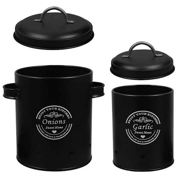Lantliga Burkset för köket Grönsaksförvaringsburkar med lock Metallburkar för lök vitlök potatis Set Ventileringshål Svart 2 st