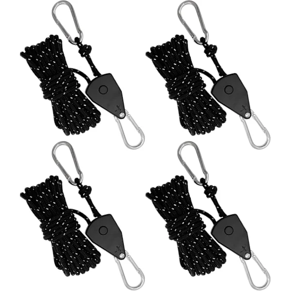 4pcs Reflective Tent Ropes with Pulley Heavy Duty 1/8" Rope Ratchet Hangers 4mm Tent Guy Line with Aluminum Adjuster