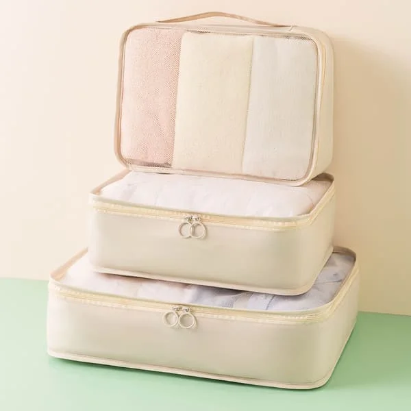 3-paknings koffertorganisatorsett, pakkekuber, klesposer, skoposer, reiseorganisator, pakkekuber, kosmetikk reiseorganisator pakkeposer beige