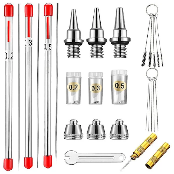 21-osainen Airbrush-suutinkorkkisarja, Airbrush-neulan vaihto-osat, Airbrush-neulat, Airbrush-puhdistus