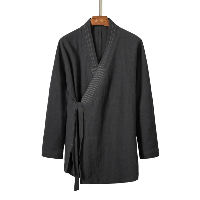AliExpress - Herren-Cardigan-Jacke im chinesischen Stil aus Leinen, lockere schwarze Kimono-Jacke, einfarbig, zum Binden, Hanfu, traditionelle 
