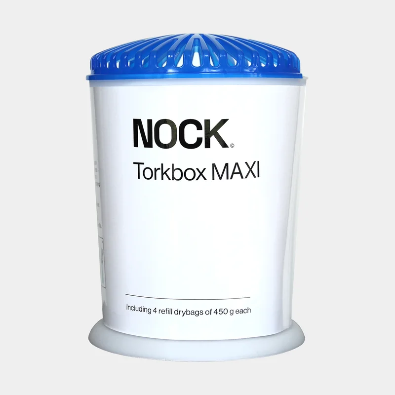 Fugtfjerner NOCK Torkbox MAXI, virkningsareal op til 60 m², genopfyldelig + 4 tørrepatroner (4 x 450 gram)