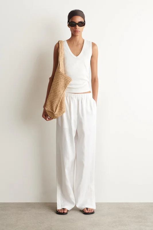 COS Women's Elasticated Linen Barrel Leg Trousers in White