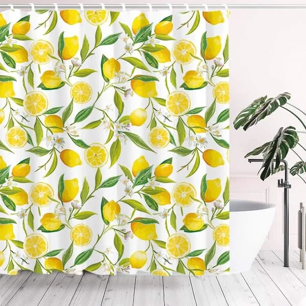 Yellow Lemon Shower Curtain Set Fresh Fruit Waterproof Polyester Fabric 71X 71 Inch Bathroom Decor with Hooks