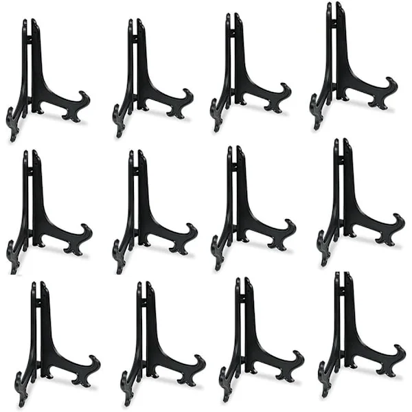 4" Black Plastic Easels or Stands/Plate Holders for Displaying Pictures or Other Items at Weddings, Home Decor, Birthdays, Tables (12-Pack)