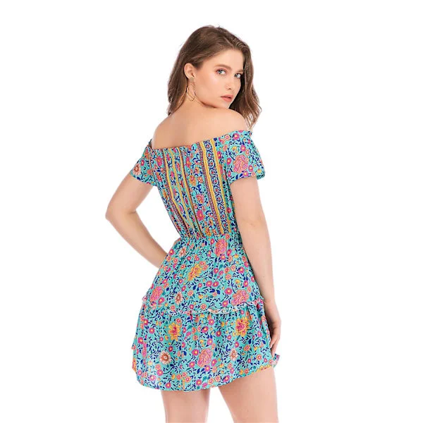 Blommönstrad klänning, bar axel, sexig kort klänning, dam strandkläder grön S grön grön