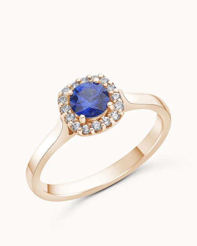 Edelsteen RING Grace 18K Roségoud - Halo Natuurlijke Blauwe Saffier - Verlovingsringen van Vanbruun