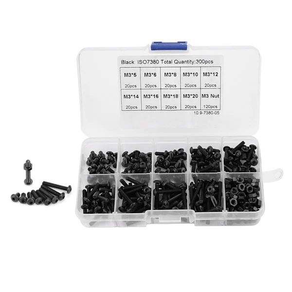 300 st M3 Svart 10,9 Grade Button Head Insexsocket Skruv Bult Mutter Sortiment Kit