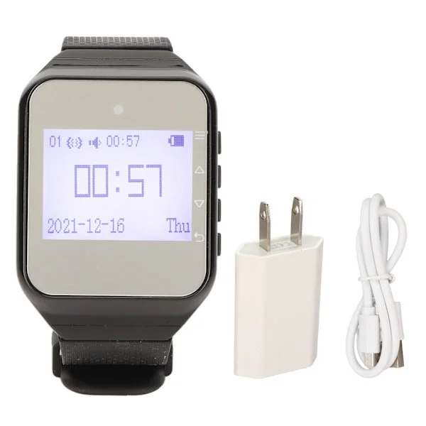 Klokke Pager LCD Kalenderdisplay En Knapp Alarm Vibrasjon Trådløst Ringesystem for Cateringfabrikker US Plug Svart