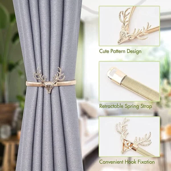 2 Pieces Curtain Tiebacks, Decorative Curtain Buckles with Deer Head, Metal Curtain Tie Backs, Gold Curtain Decoration, Curtain Holders
