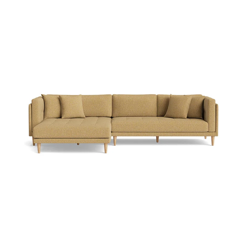 Cali chaiselong sofa, venstrevendt - Puente Gul - 295x170x76cm - Sofa m/ Dobbelt Chaiselong, 4 Pyntepuder & Bøgetræsben - Minimalistisk Design