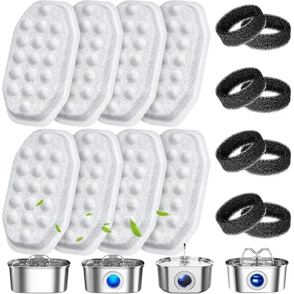 16-pack Cat Water Fountain Filter Replacement & Pre-filter Sponges for 3.2L/108oz Stainless Steel Pet Water Fountain with Water Level Window