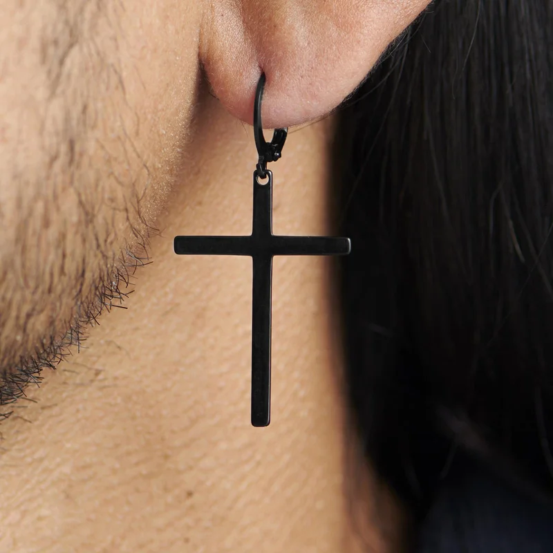 Sentio | Black Stainless Steel Hanging Cross Hoop Earring for Men - Cross earrings