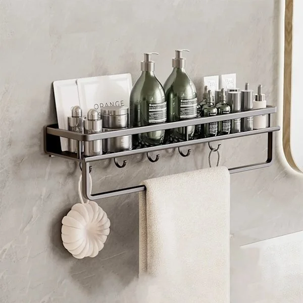 50 cm Shower Shelf No Drilling, Stainless Steel Corner Shelf, Bathroom Shelf, for Kitchen and Bathroom, Storage Shelf with Towel Rail + Hooks