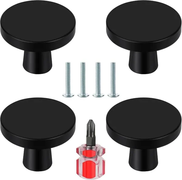 4 pcs Door Knobs, Furniture Knobs in Black, Round Cabinet Knobs, Drawer Knobs in Black, Kitchen Door Handles