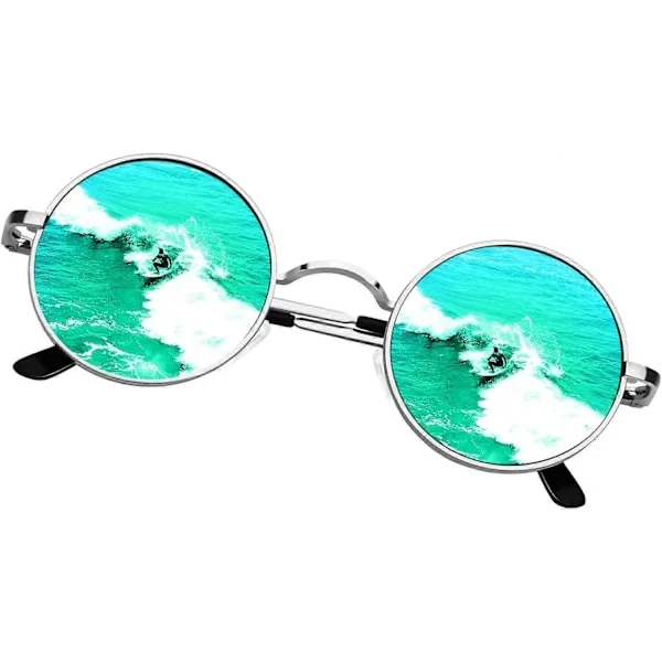 SCSYV runda solglasögon, unisex, 70-tals retro polariserade Lennon runda UV400 herr solglasögon, silverbåge, gröna linser