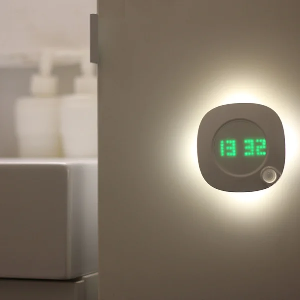 LED-seinäkello PIR-liiketunnistimella, 360 asteen USB-lataus, moderni muotoilu, digitaalinen kello, aika, sisätiloihin, keittiöön, kylpyhuoneeseen, 