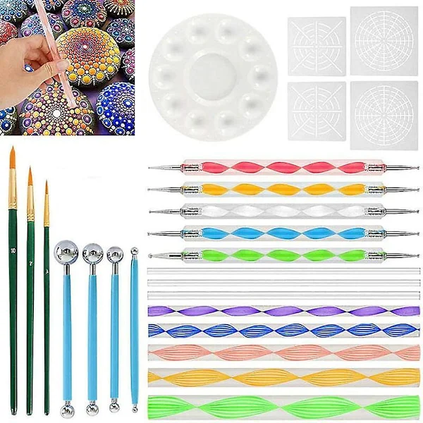 Mandala Dotting Tools Kits, 25 TLG Mandala Dotting Tools Set, Dotting Pens Brushes Mandala Stencil Ball Stylus Paint Tray til Maleri Sten Tegning D