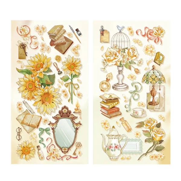 Vintage Blommig Förgylld Scrapbook Stickers 2ST Gul Estetisk Journaldekoration