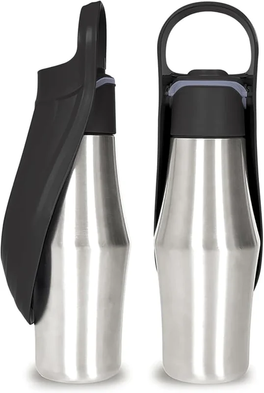 750ML Dog Water Bottle, Insulated Water Bottle, Foldable Portable 304 Stainless Steel Cat Water Bowl for Camping, Hiking (Black, 750 ml)