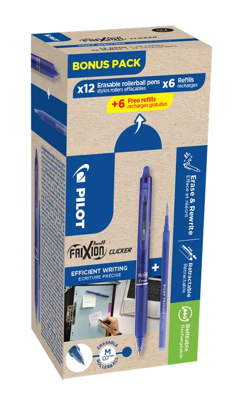 Pilot FriXion Ball Clicker Kuglepen sletbar, 12-pak Blå, Kontorartikler