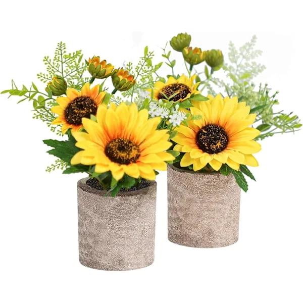 2 st konstgjorda solrosor i kruka, gula konstgjorda blommor i krukor, falska solrosor för badrum, hem, kök, rustik inredning