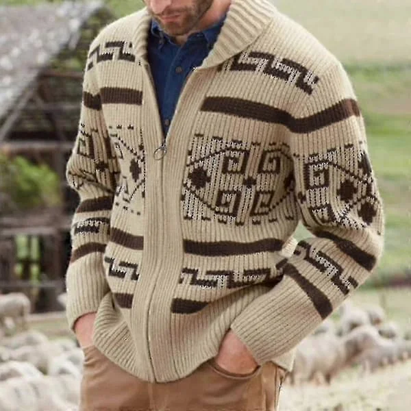 【BQ】Herre cardigan i khaki med lynlås, jacquardstrikket sweater, efterår/vinter varmt tøj