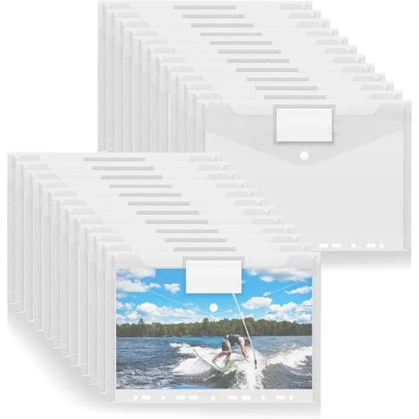30 x A4 Mappe Mapper Gjennomsiktig perforert plast A4-mapper med trykknapplukking og etikett for dokumenter papirkort (hvit)