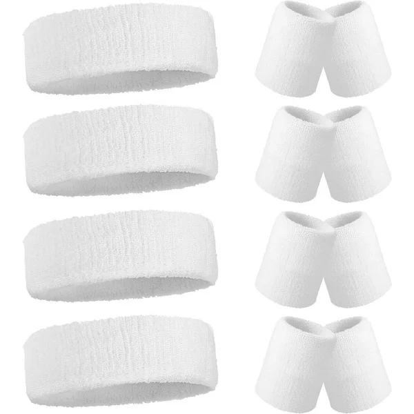 Sports pandebånd 4-pak + 4 par armbånd Pandebånd Armbånd Pandebånd tilbehør Sports pandebånd Svedbånd Retro sportstøj Sport Hvid