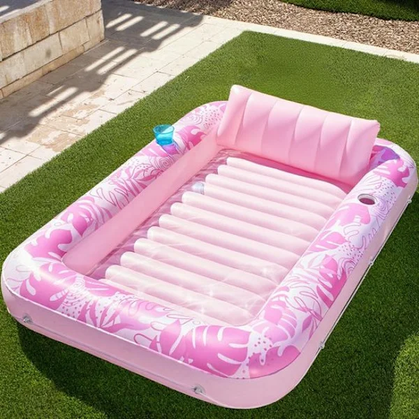 Solarium-Solarium-solpool-Lounge solsäng - Uppblåsbar solsäng för poolen - Vuxen badring med kudde - 180x120 cm - rosa