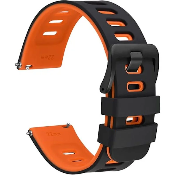 Two-tone Watch Band, Silicone, Quick Release, Replacement Strap for Men's and Women's Watches, Stainless Steel Buckle, 22mm, Black and Orange