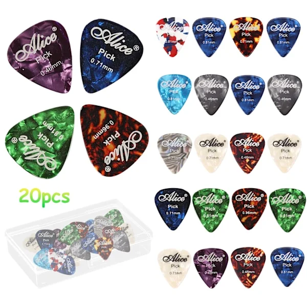 Gitarrplektrum, 20 st 4 olika tjocklekar halkfria plektrum, slumpmässiga färger, celluloid plektrum för akustisk bas elgitarr ukulele