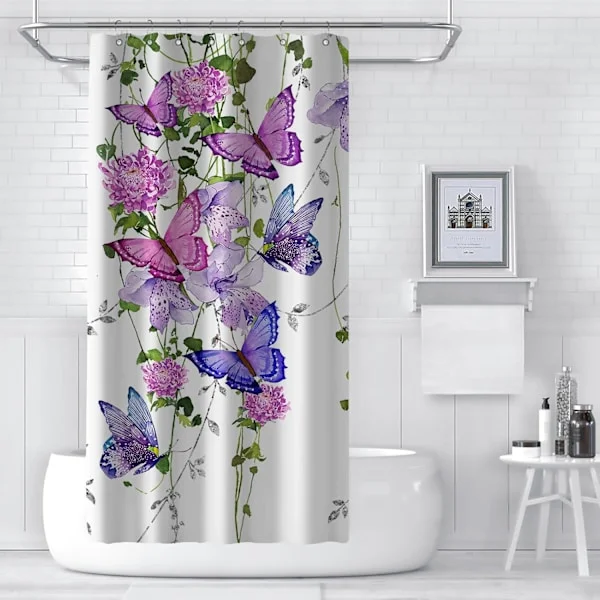 Lilla badeforhæng med sommerfugle til badeværelset, sommer forår badeforhæng sommerfugle rustikke blomster badeforhæng med 7 kroge 36X72 tommer