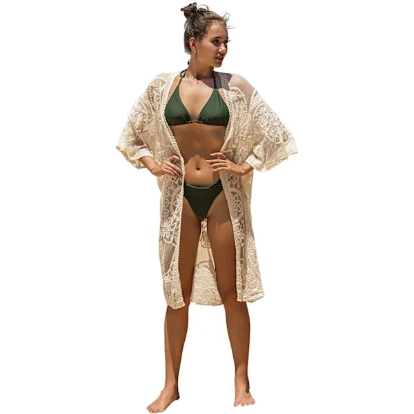 Bikiniöverdel i spets för dam, sommarstrand, baddräkt, pareo, kimono, cardigan, strandklänning, lång, one size