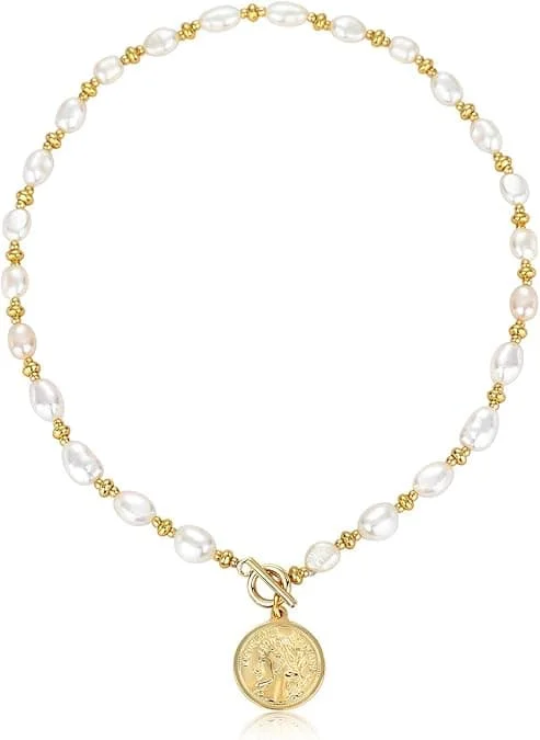 Y2K Perle Choker Halskæde Barok Dyrket Håndplukket Perle 18K Forgyldt Perlekæde Mønt Charm Vedhæng Vintage Smykker Gaver til Kvinder Mænd