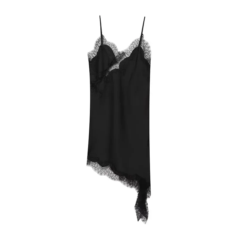 AliExpress - MUJER 2025 Spitzen-Slip-Kleid für Damen, schwarz, rückenfrei, kurze Kleider für Damen, asymmetrisch, Party, Damen-Sommerkleid, Satin, 
