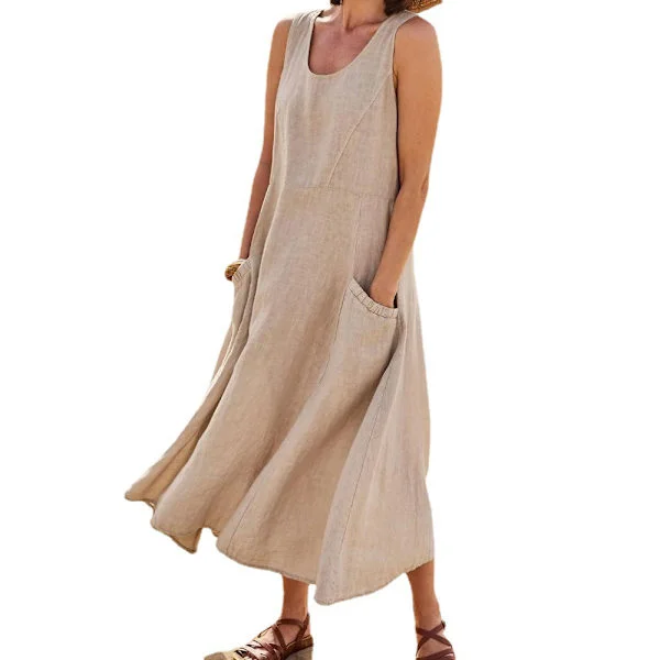 [RM]Women Solid Dresses Sleeveless Cotton Linen Dress Summer Khaki