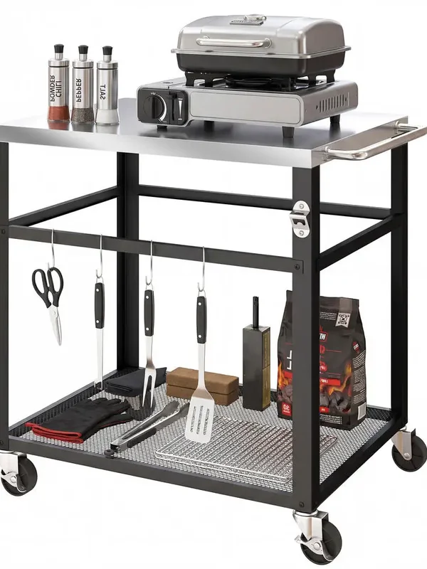 AliExpress - Garden serving cart/barbecue trolley on wheels with stainless steel top, shelf, and hooks, 82 x 55 x 79 cm, black