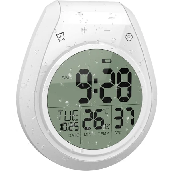 Köksklocka - Digital köksklocka - Vattentät duschklocka - Pekskärm LCD-display med temperatur - Med sugkopp/upphängningshål - Vit